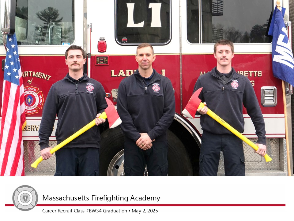 From left, Firefighters/Paramedics Joseph Gill, Justin Bernoskevich and Thomas Kelleher were three of 15 graduates from 10 different departments in the Career Recruit Firefighter Training Program Class #BW34 on Friday, May 2.